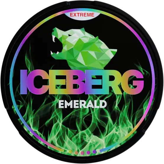 Iceberg Emerald nicotine pouches canister design, featuring vibrant colors and a green bear logo.