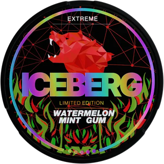 Iceberg Watermelon Mint Gum nicotine pouches, limited edition pack design with colorful branding.